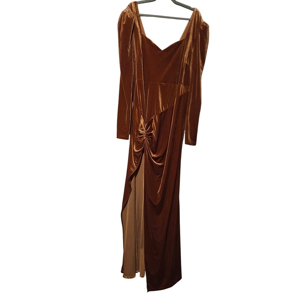Faeriesty Bronze Velvet Ruched Maxi Dress Long Sleeve Slit Formal Gown 3XL‎ Prom